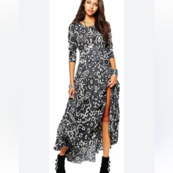 NEW Free People First Kiss Maxi Dress Size Large Gray Shark Combo Boho - Picture 2 of 11